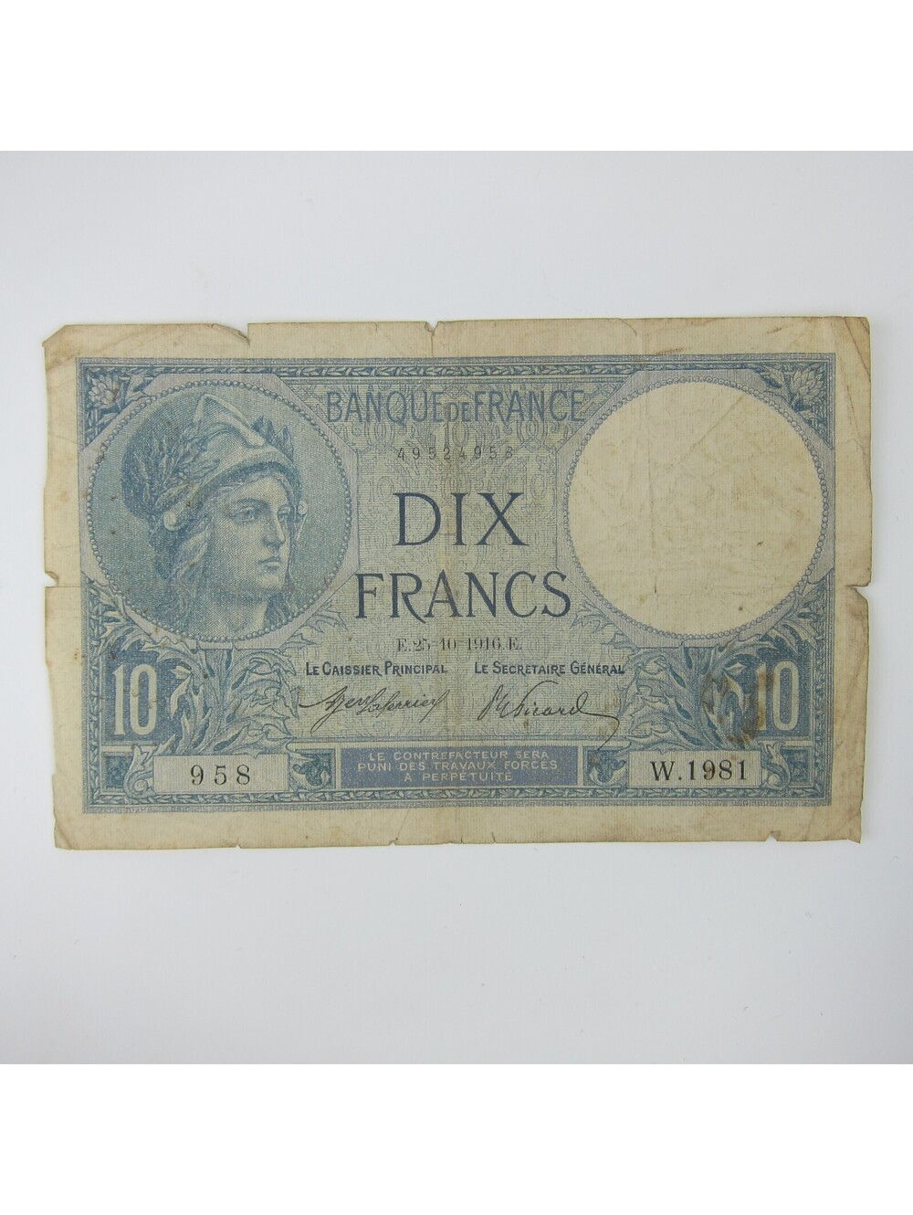 France Banknote 10 Francs Minerva Paper Money Currency Antique 1916 RARE DATE